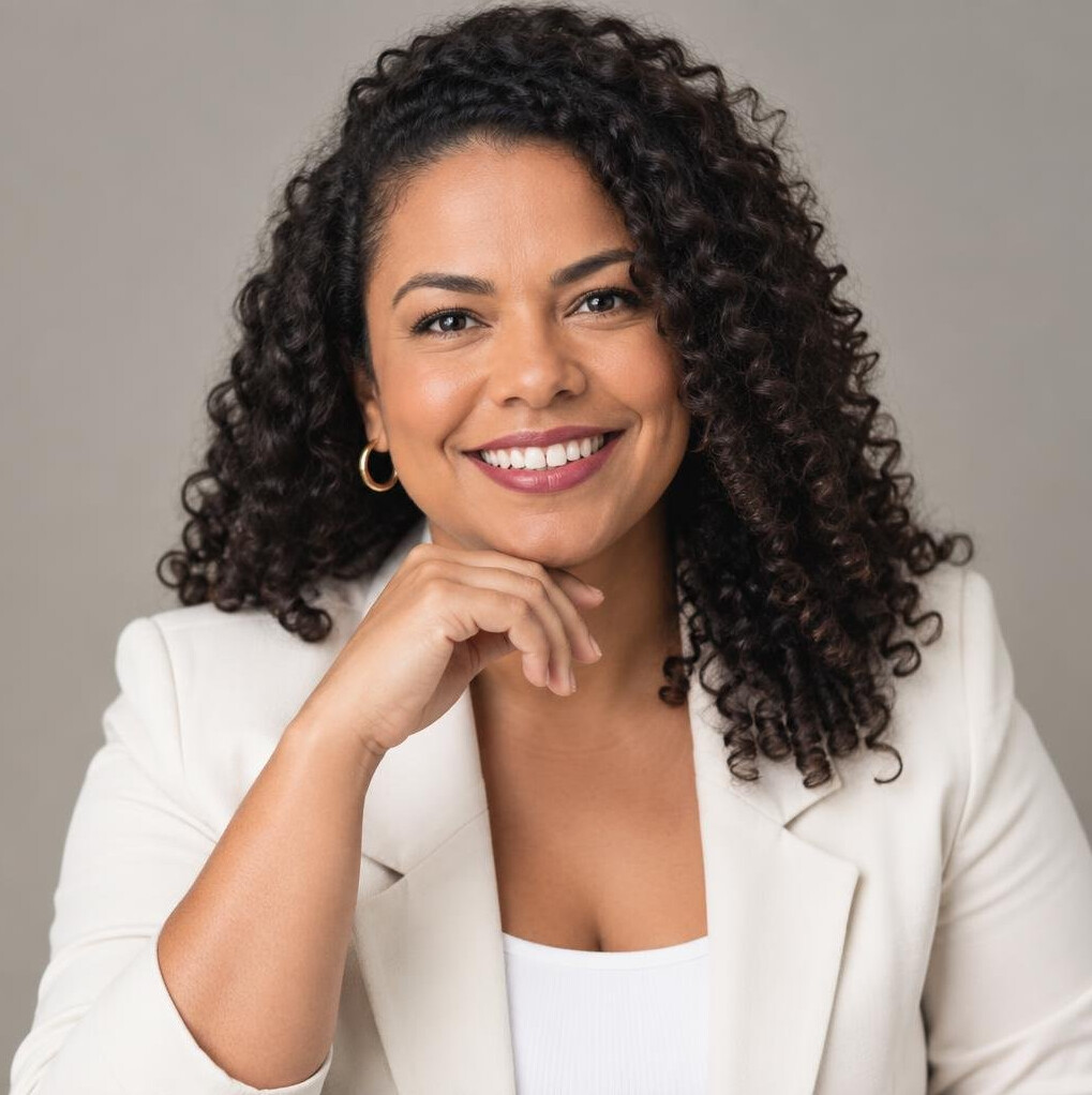 Portrait of a smiling Brazilian woman with curly hair