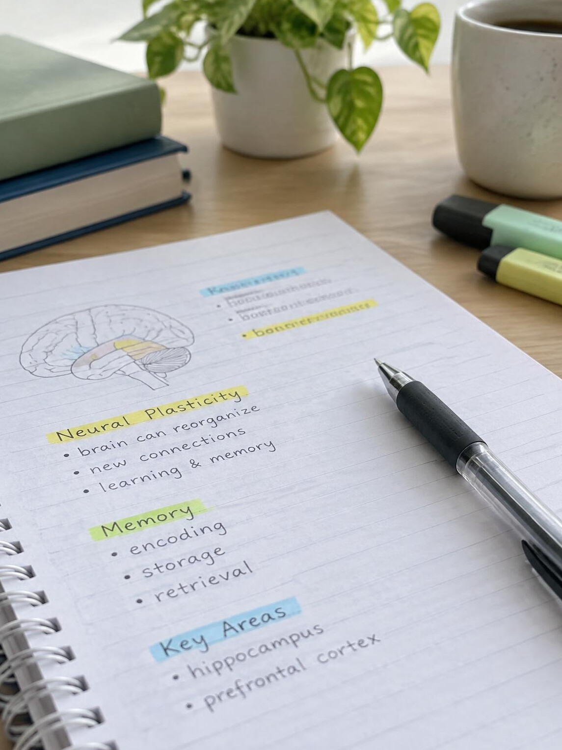 Notebook with study notes and pen on a desk