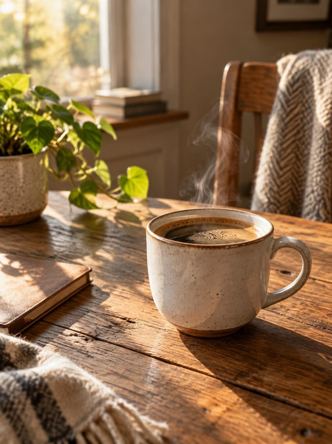 Cup of coffee on a wooden table in morning light