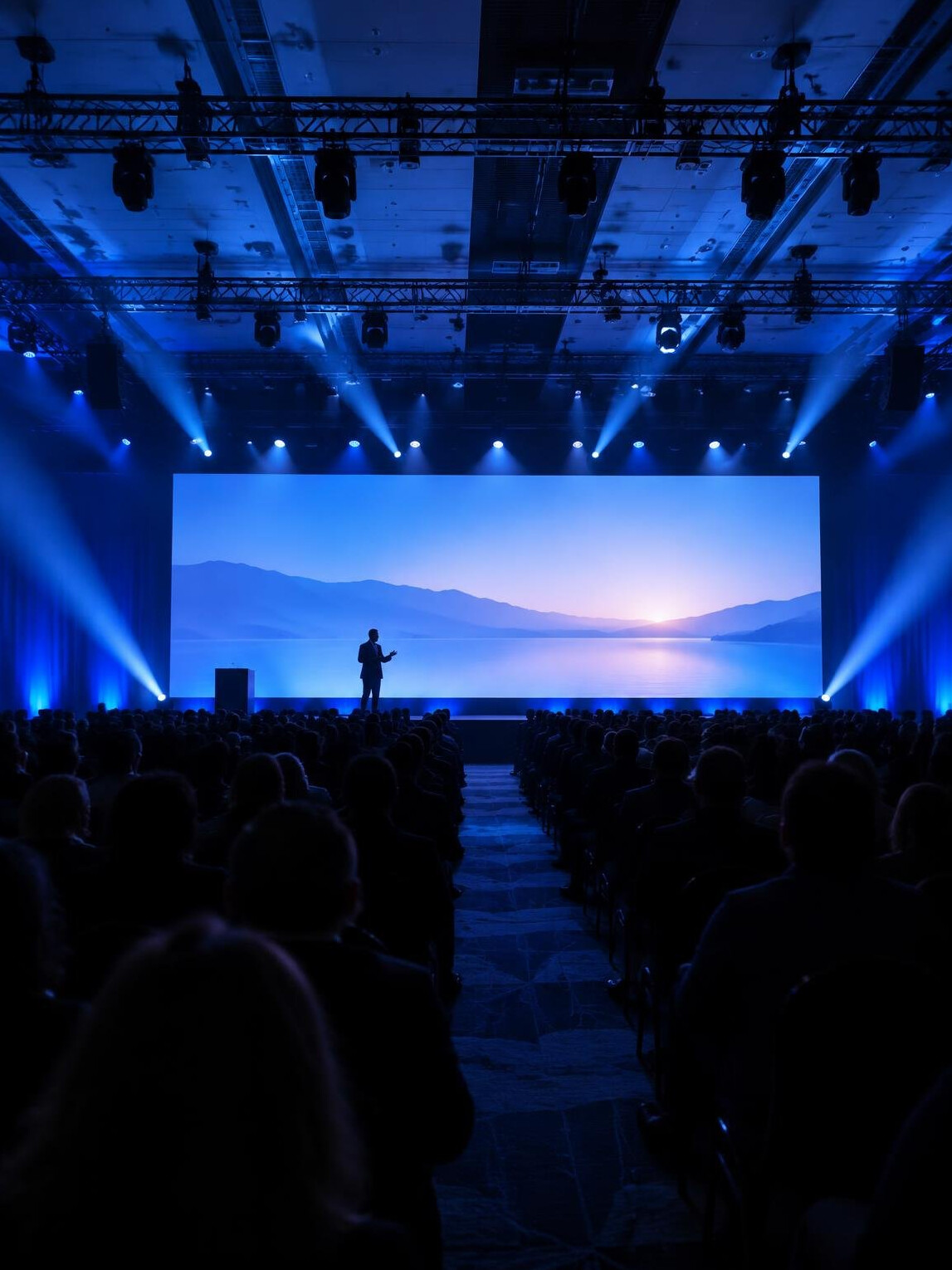 Conference hall with stage lights and screen