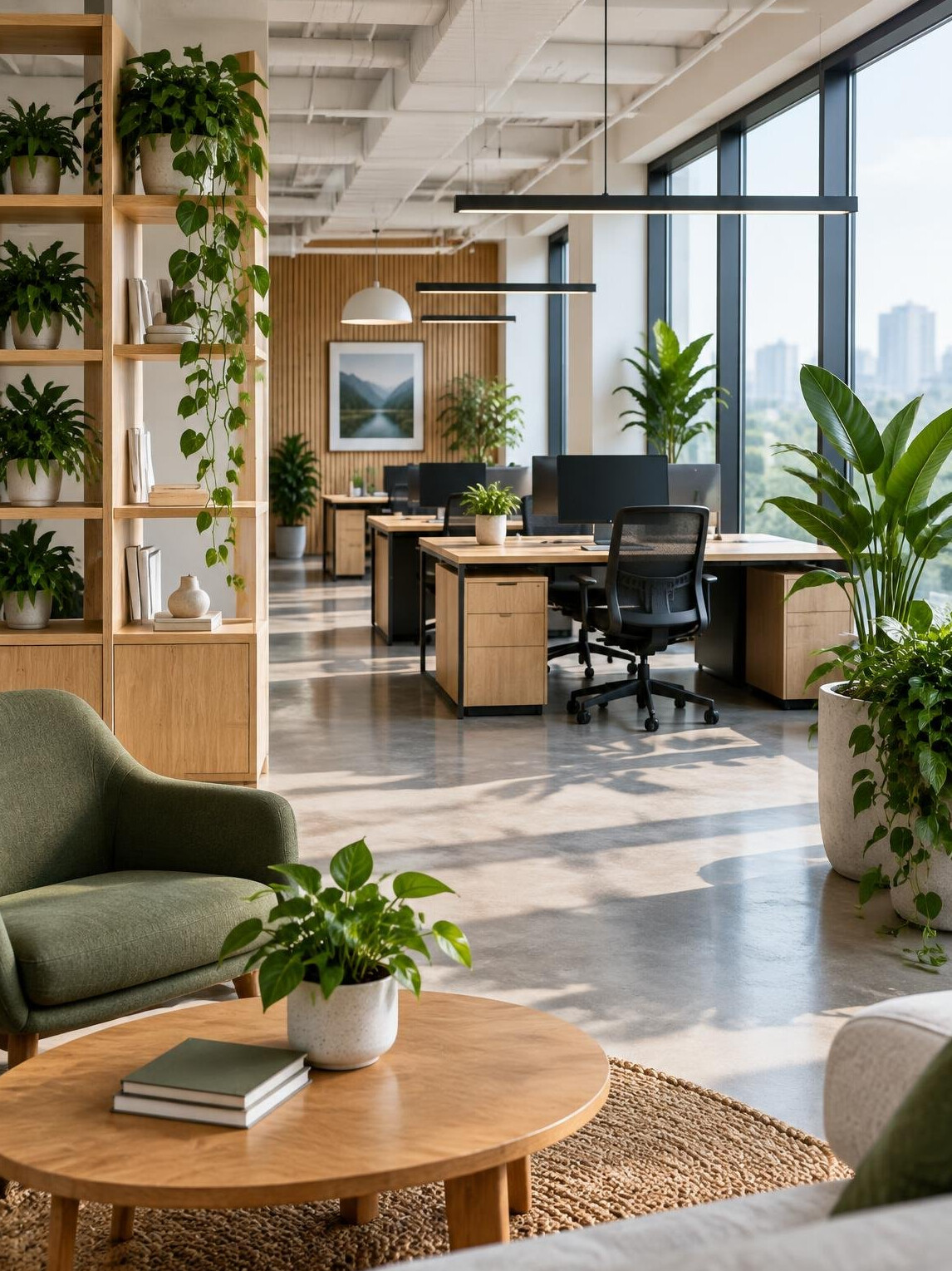 Modern open office with plants and natural light