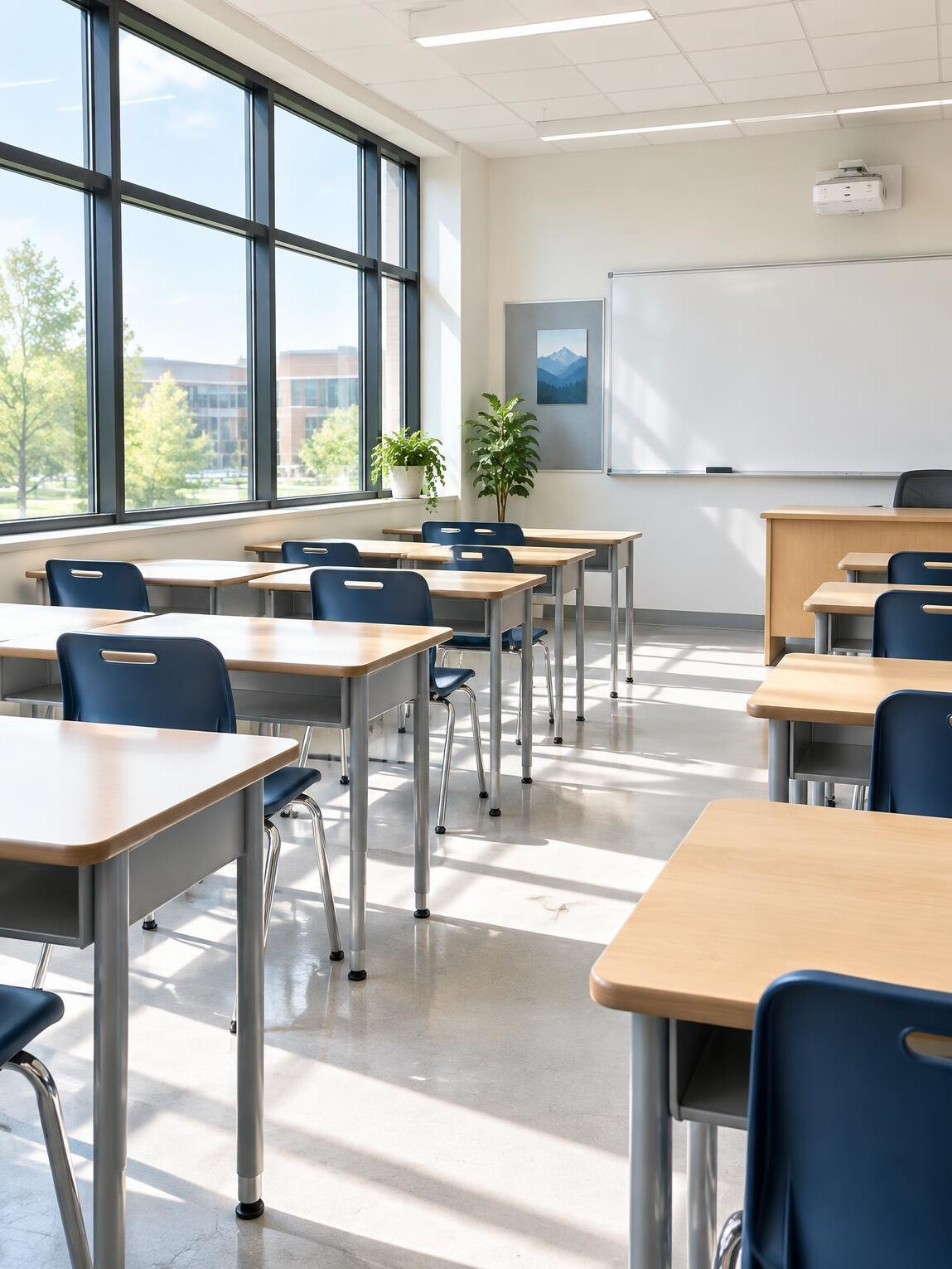 Bright empty classroom with desks and large windows